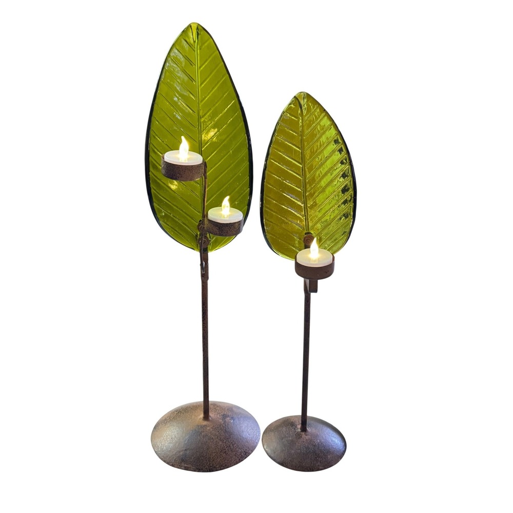 Glass Leaf Votive Candle Holder Set 20" and 18" Green Bronze Rustic Metal